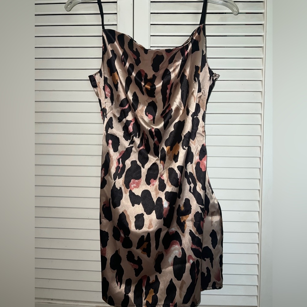 ISawItFirst brown leopard print cowl neck satin mini dress. US size 4 (UK 8).